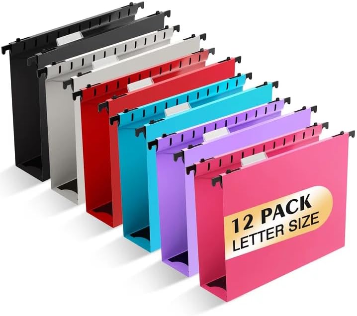 SHUTEX Extra Capacity Plastic Hanging File Folder, 12 Pack Reinforced Hang Folders Letter Size, Heavy Duty 2 Inch Expansion Filing Cabinet Folders for Bulk Files, Medical Charts, Assorted Colors - Image 1
